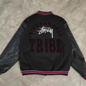 stussy embroidered varsity jacket black